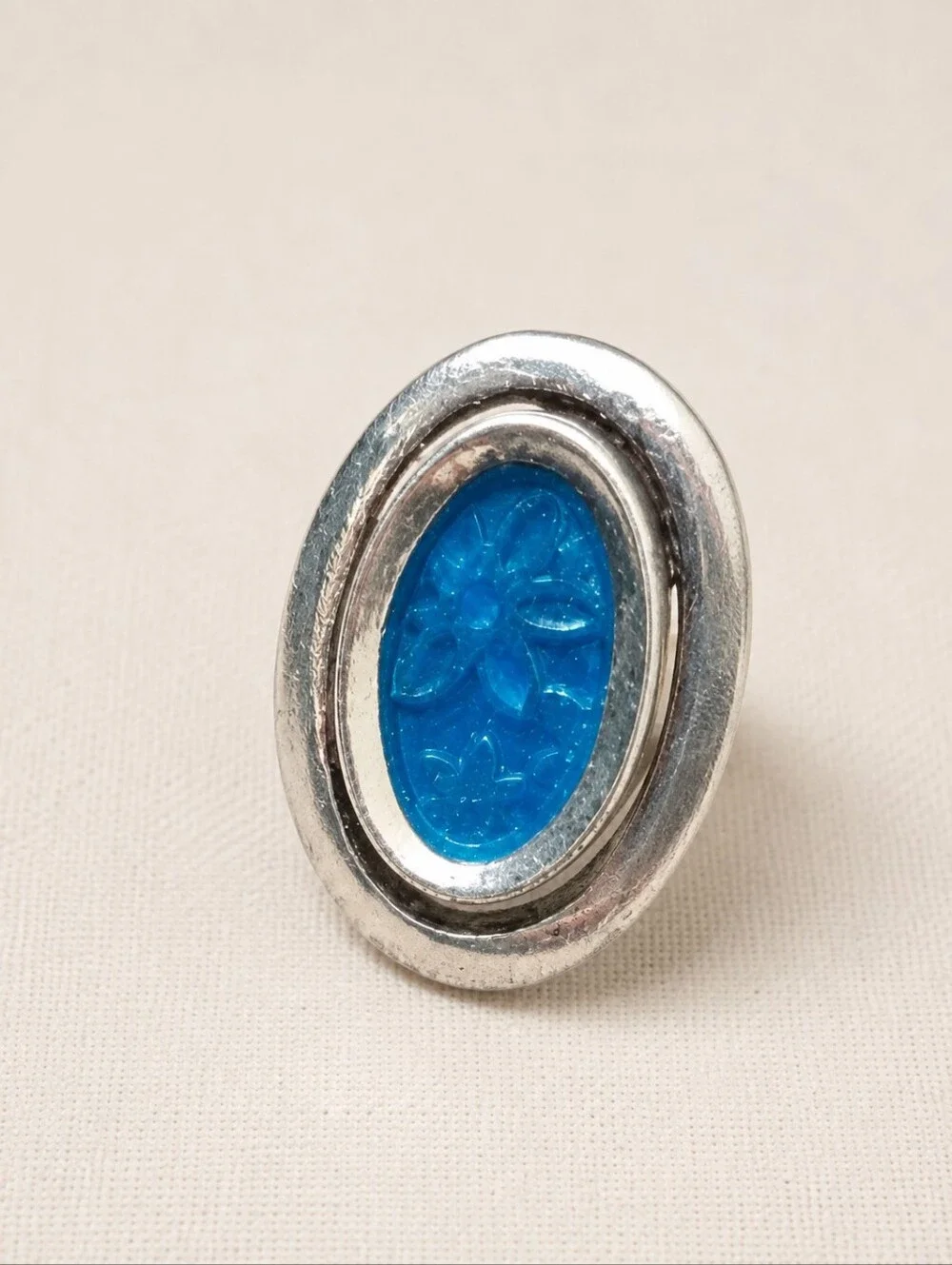 Vintage Turquoise Blue Floral Resin Adjustable Ring Silver Tone Statement